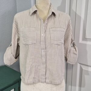 Rachel Paige Linen Stripe Button Down Shirt Tan White S